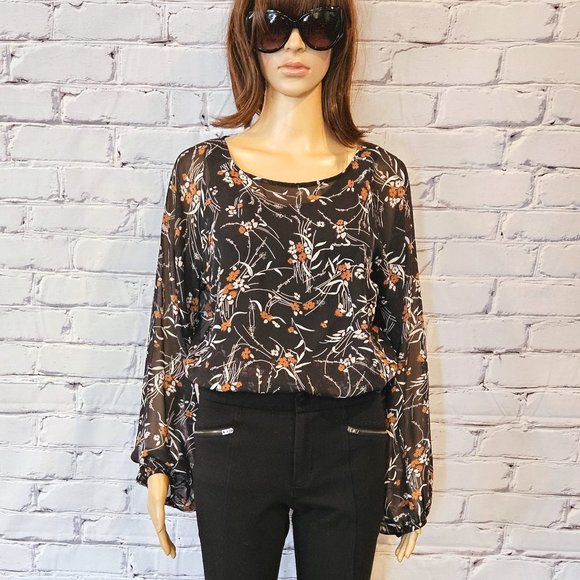 RW&Co. floral print cropped balloon sleeve sheer blouse - Picture 4 of 14